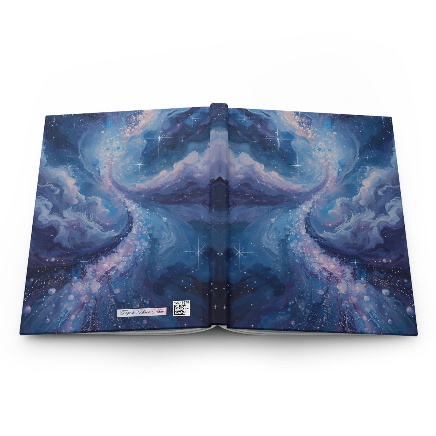 Open book with a cosmic design on a white background