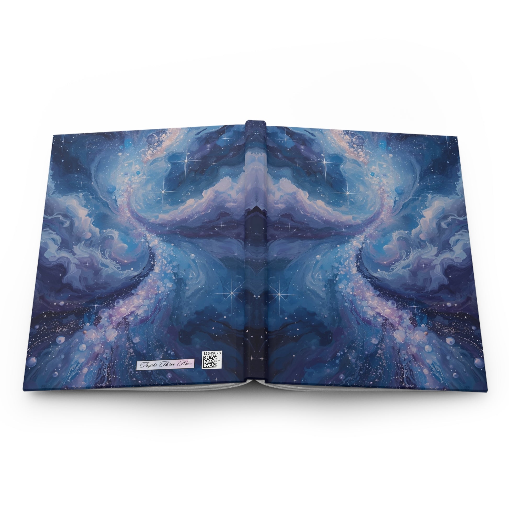 Open book with a cosmic design on a white background