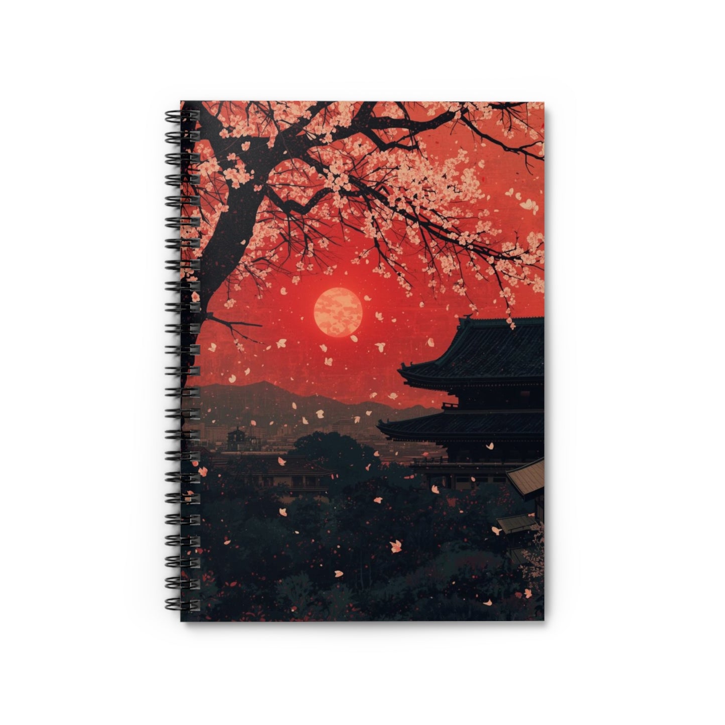 Notebook with cherry blossom design featuring a sunset and traditional architecture.