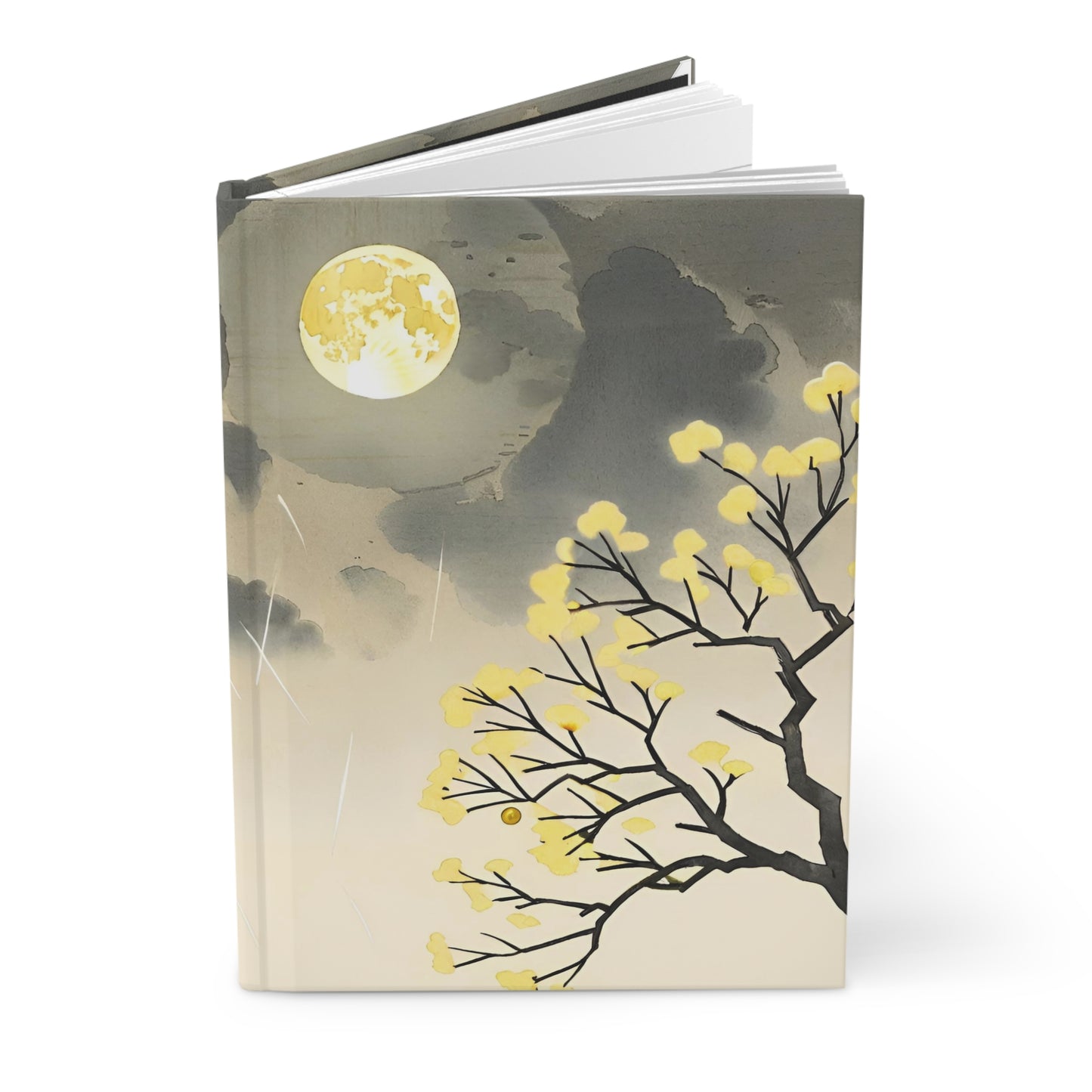 Book with a cover design of a silhouette of a person under a moonlit sky with trees and flowers.