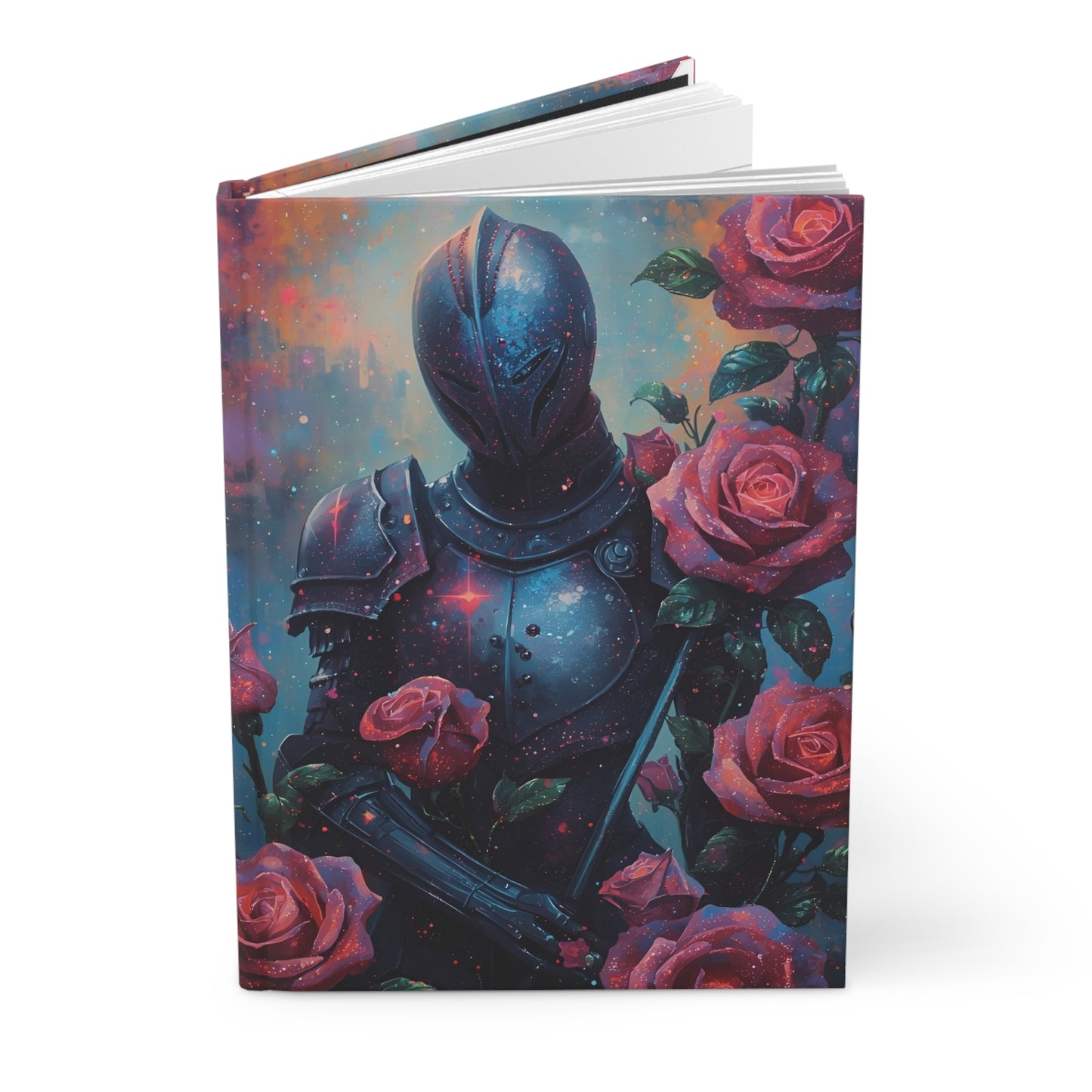 Notebook with a design of a knight in armor surrounded by roses on a white background