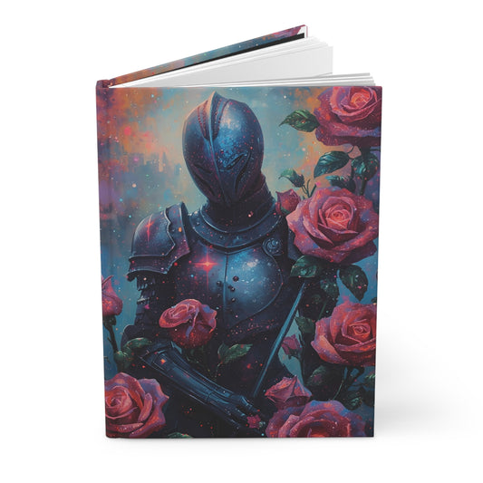 Notebook with a design of a knight in armor surrounded by roses on a white background