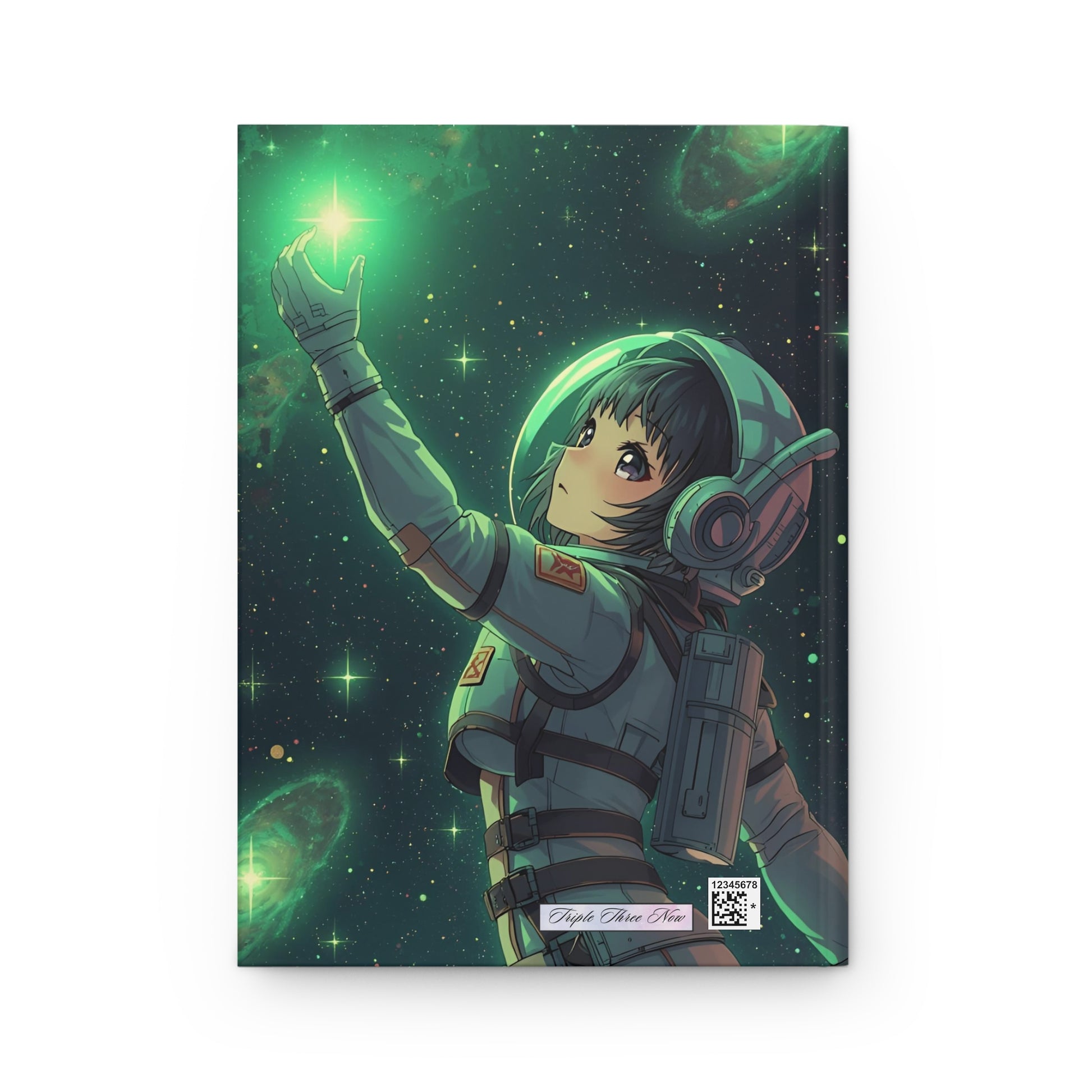 Notebook cover with an astronaut character holding a green light against a space-themed background