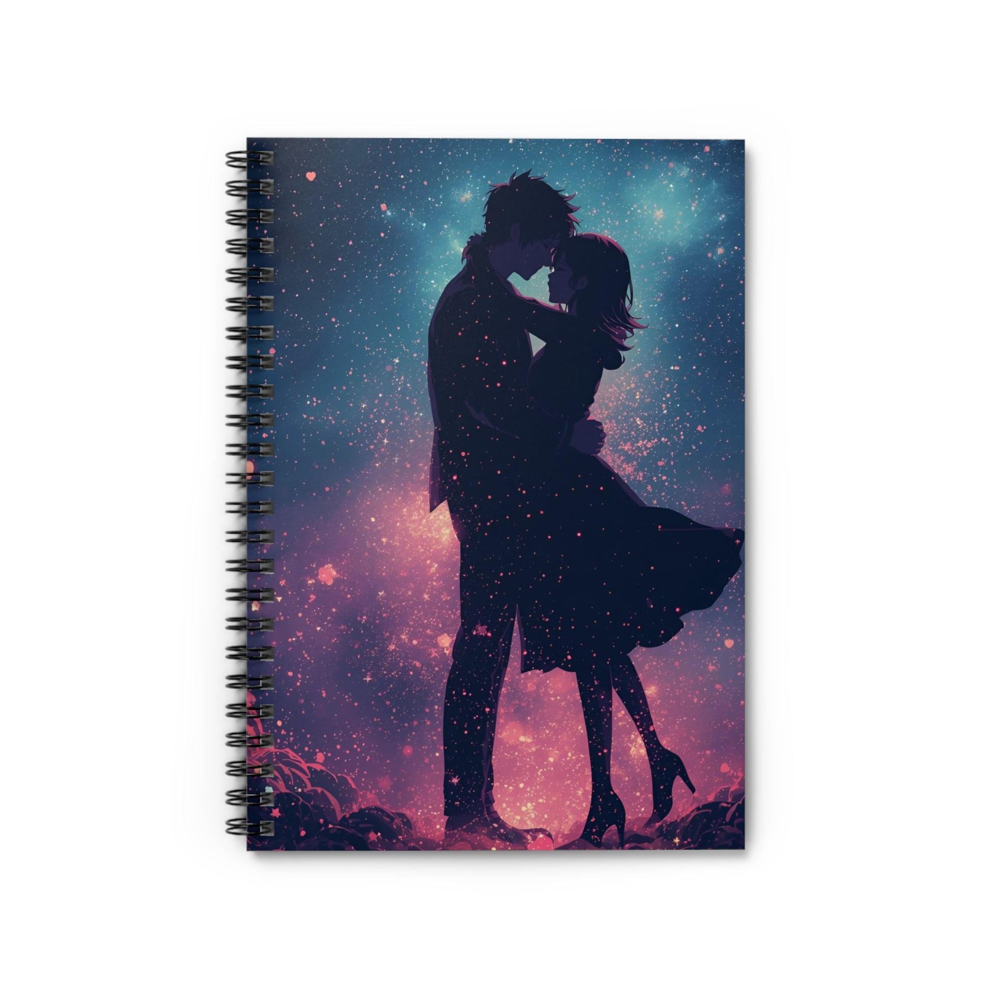 Notebook with a silhouette of a couple embracing against a starry sky design.