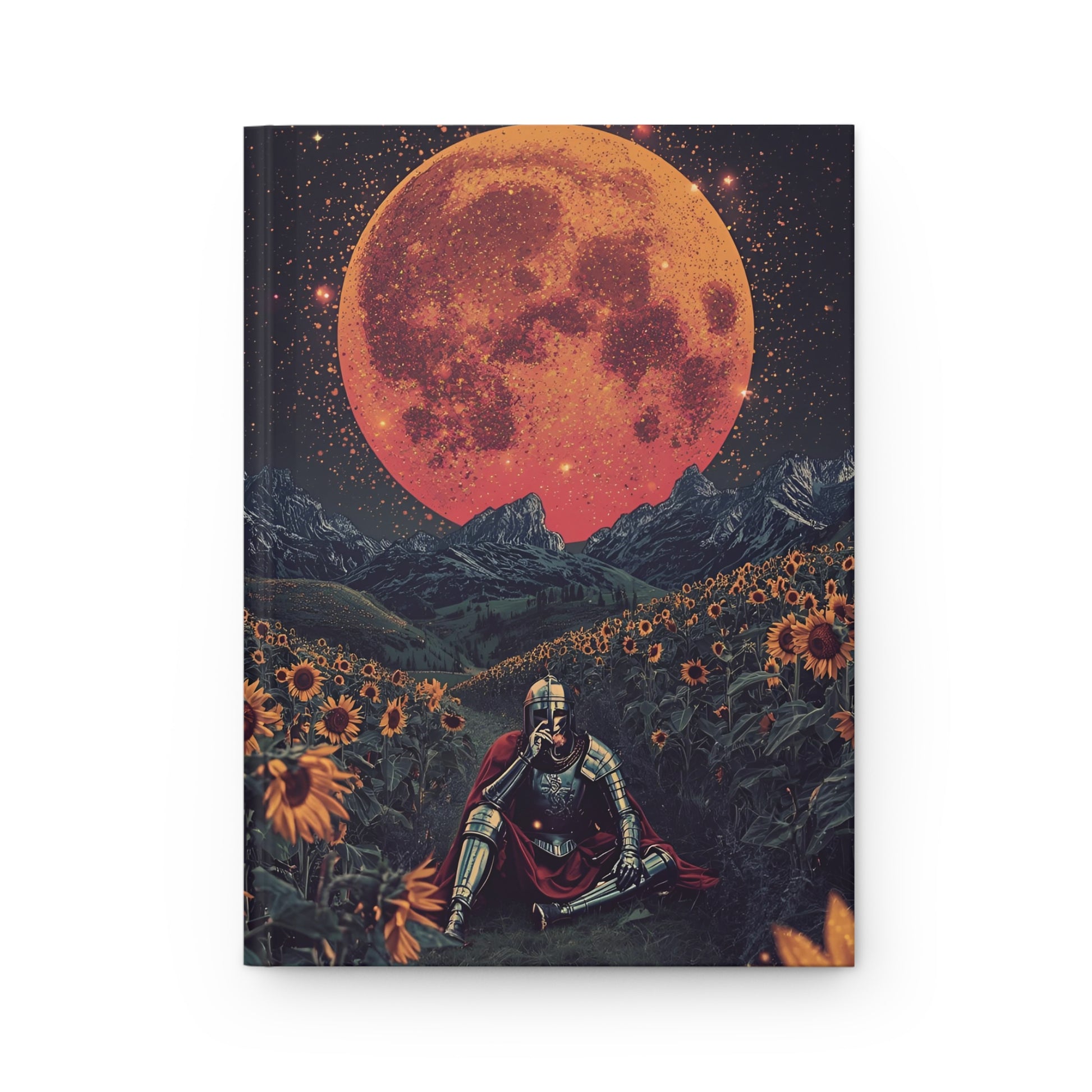 Notebook cover with a knight sitting under a large orange moon in a field of sunflowers.