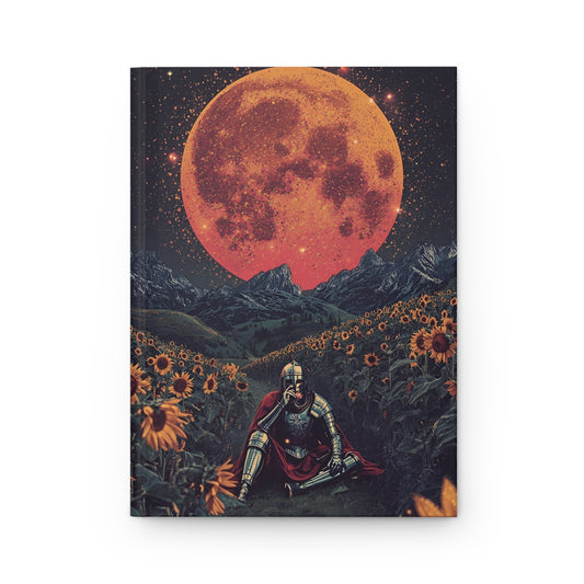 Notebook cover with a knight sitting under a large orange moon in a field of sunflowers.