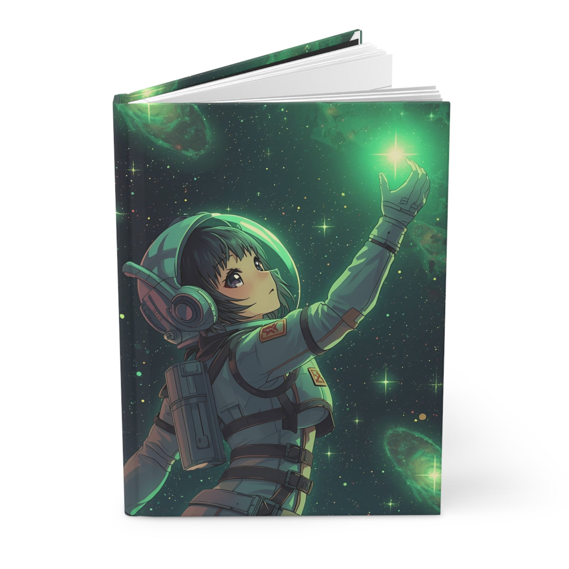 Notebook with an astronaut design on a green space-themed cover