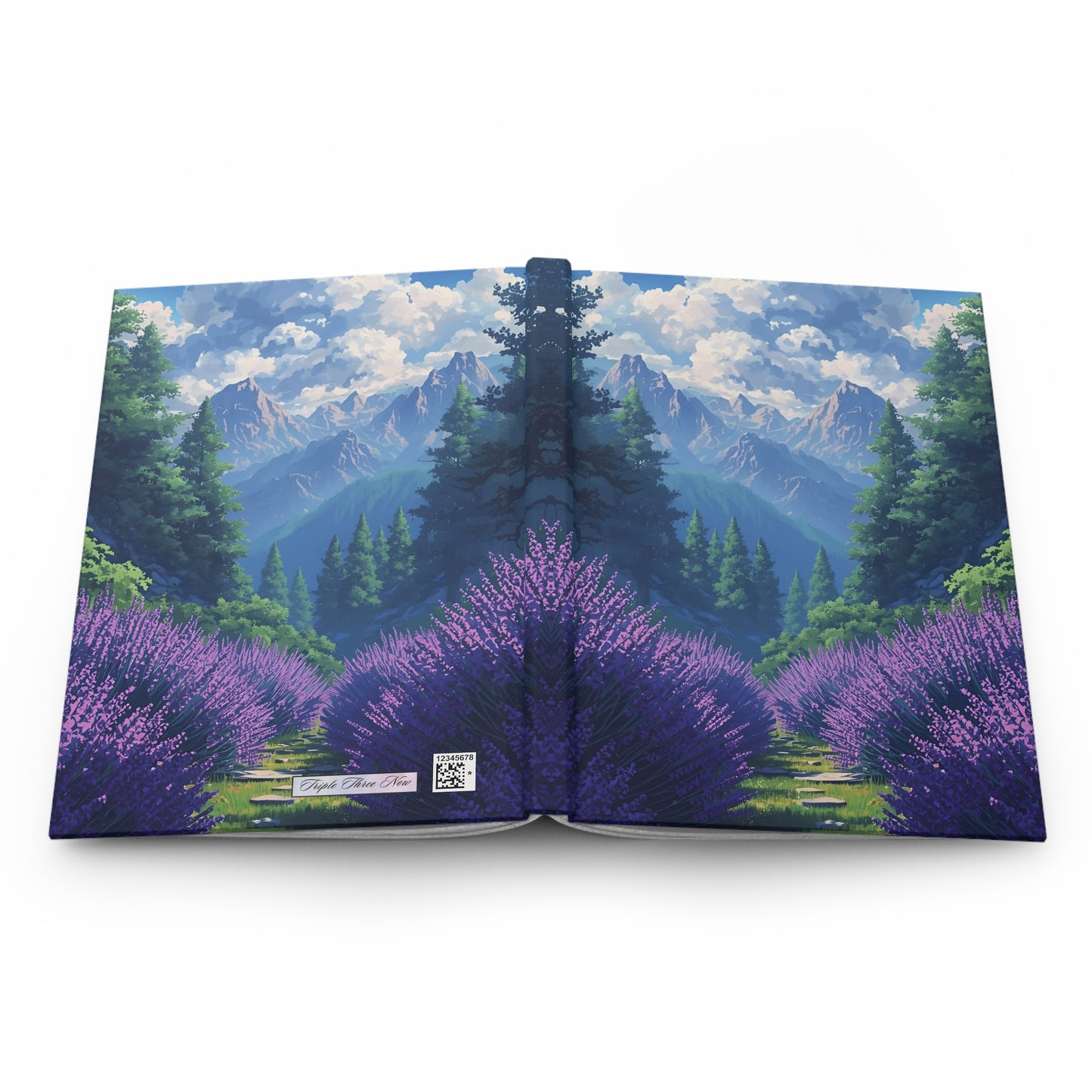 Book with a landscape design featuring purple flowers and mountains on a white background