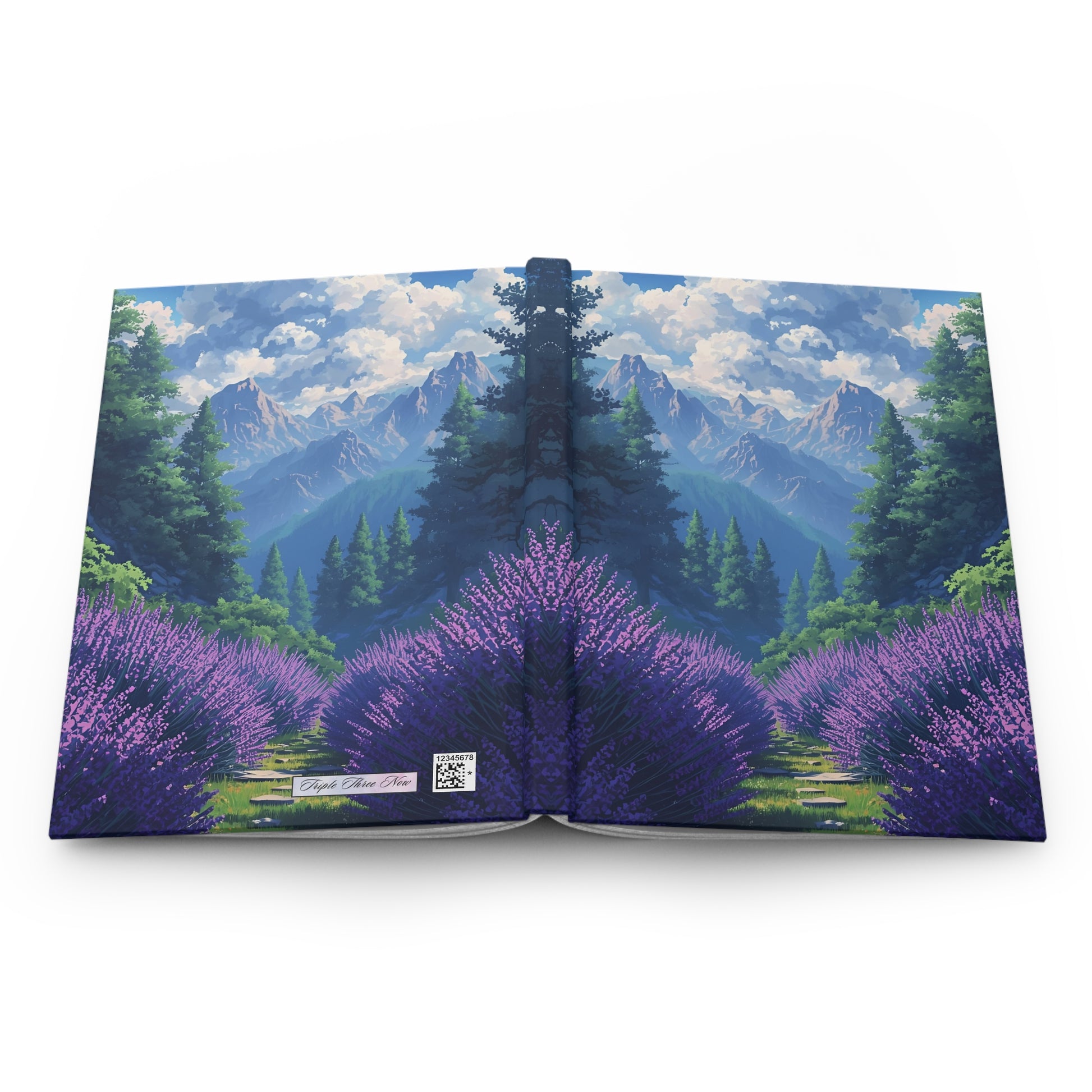 Book with a landscape design featuring purple flowers and mountains on a white background