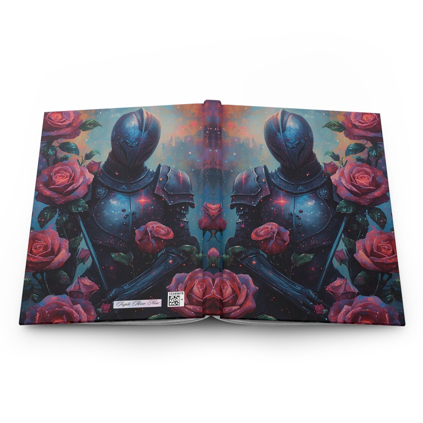 Book with a cover featuring armor and roses on a white background