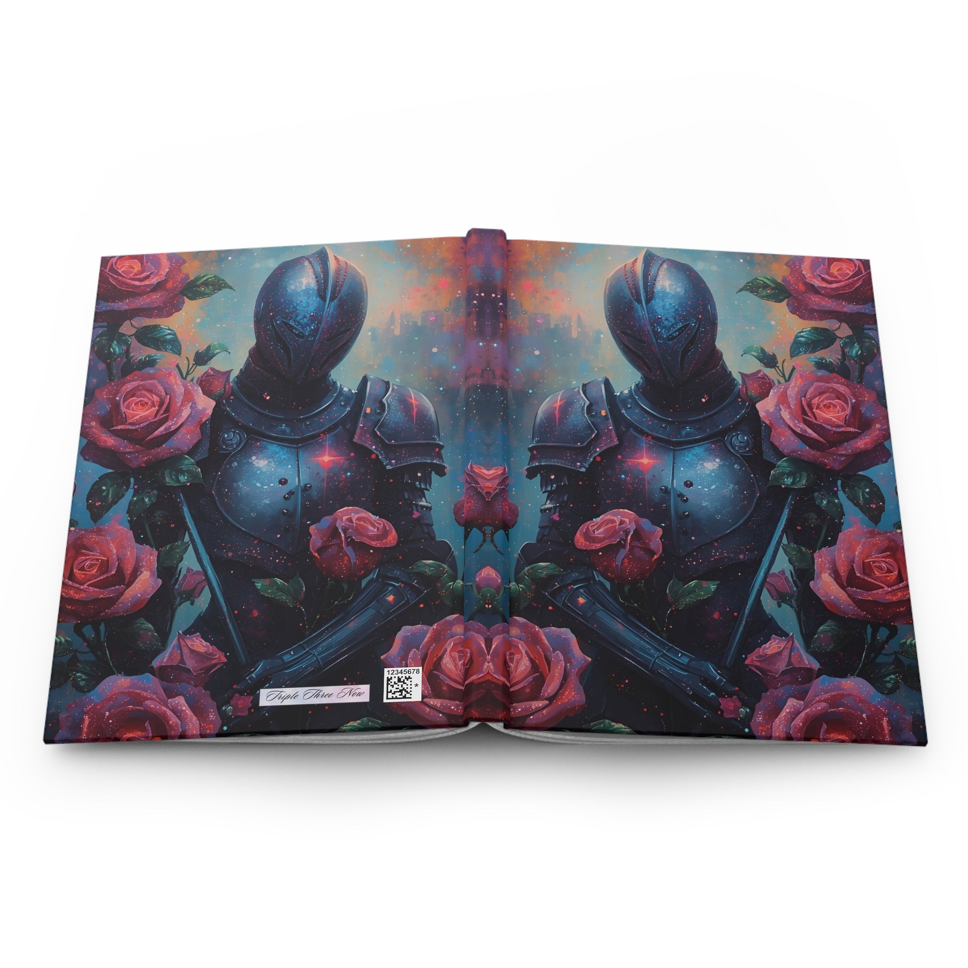 Book with a cover featuring armor and roses on a white background