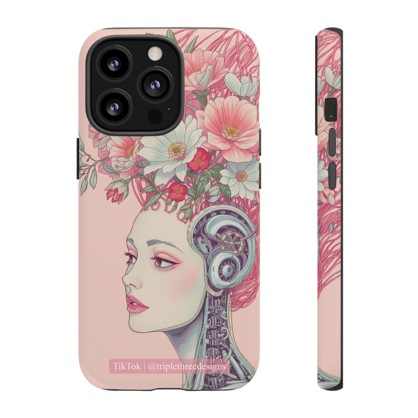 Phone case with a design of a woman's face with flowers and mechanical elements on a pink background.