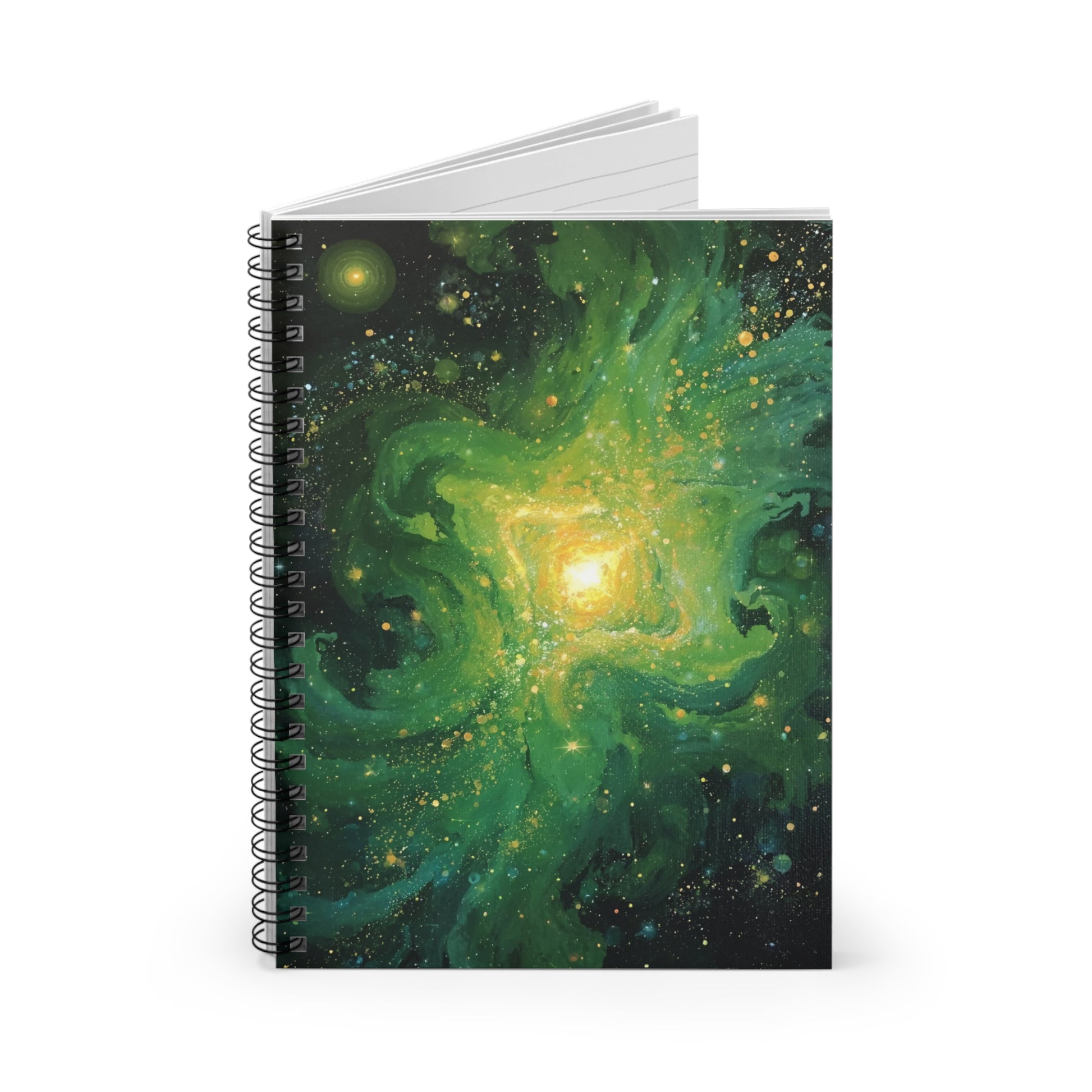 Spiral-bound notebook with a galaxy design on the cover