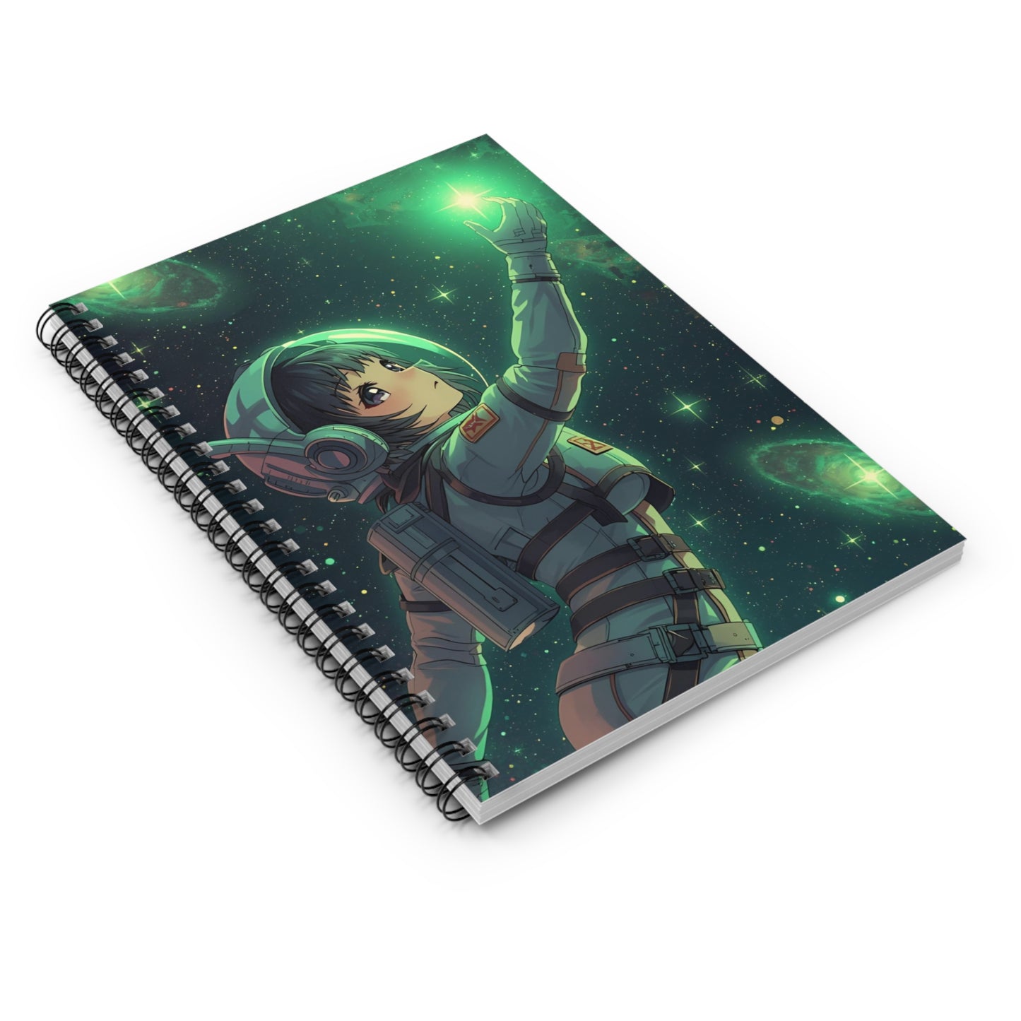 Notebook with an anime-style character on a space-themed cover
