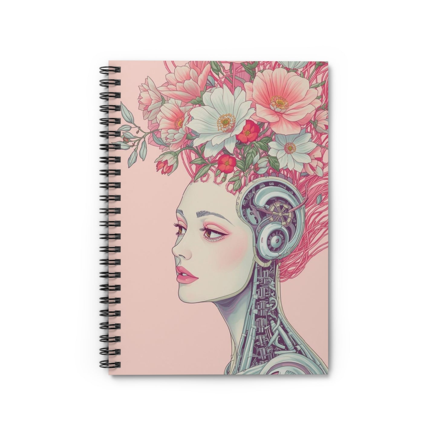 Notebook with a design of a woman's face with mechanical elements and floral hair on a pink background