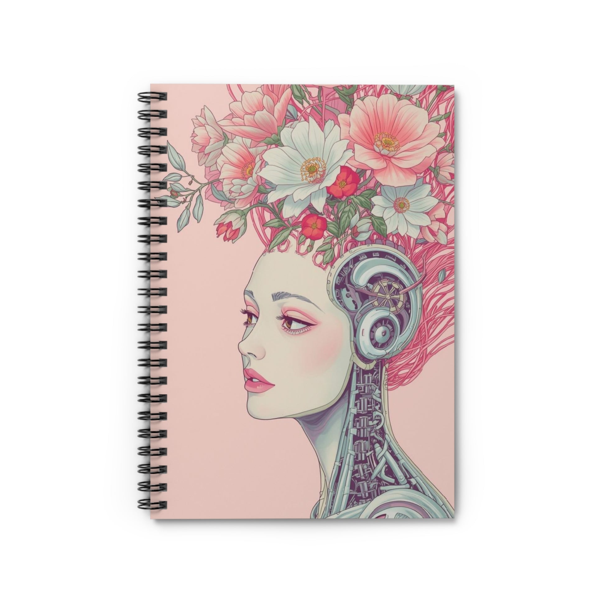 Notebook with a design of a woman's face with mechanical elements and floral hair on a pink background