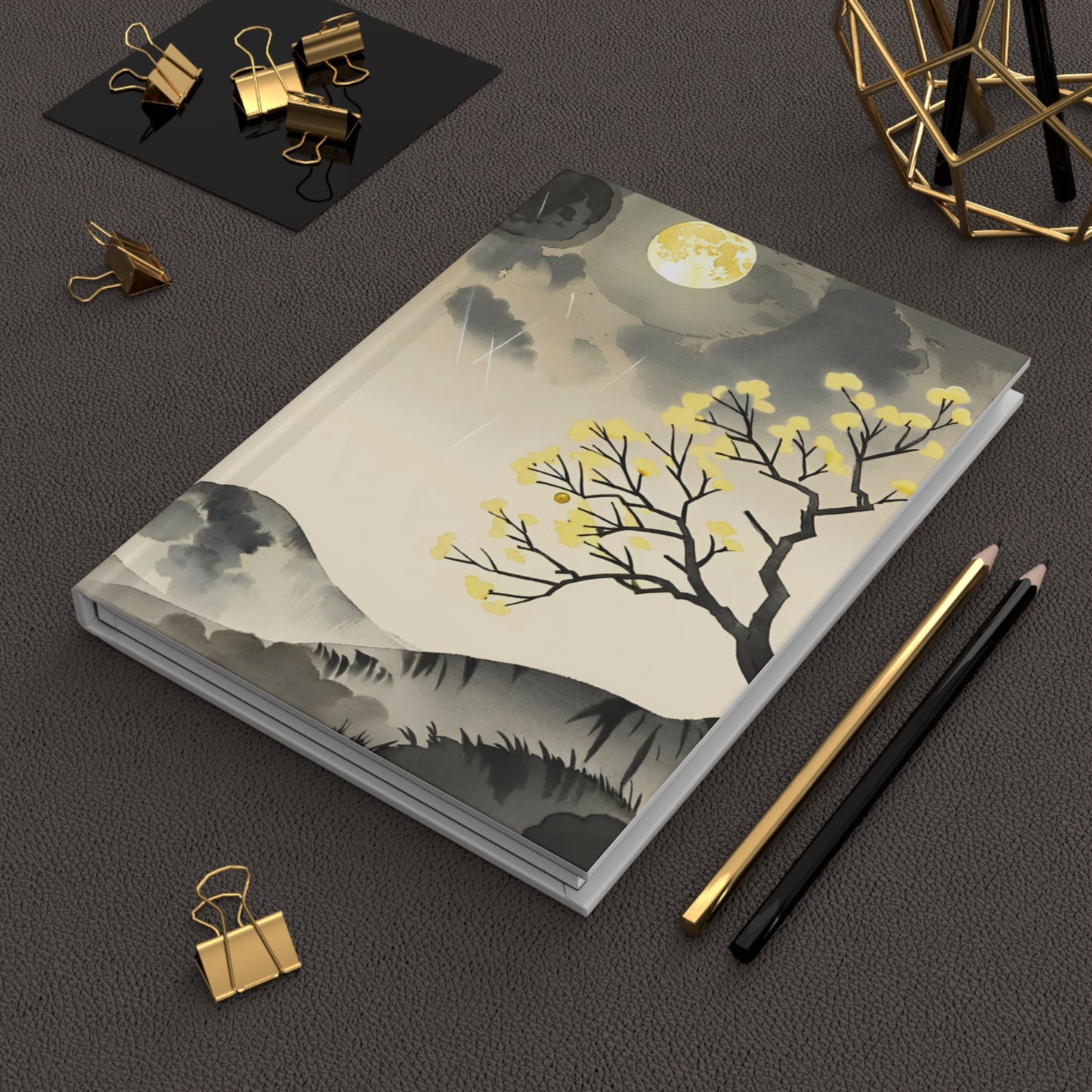 Moonlit Ink Landscape Watercolor Hardcover Notebook