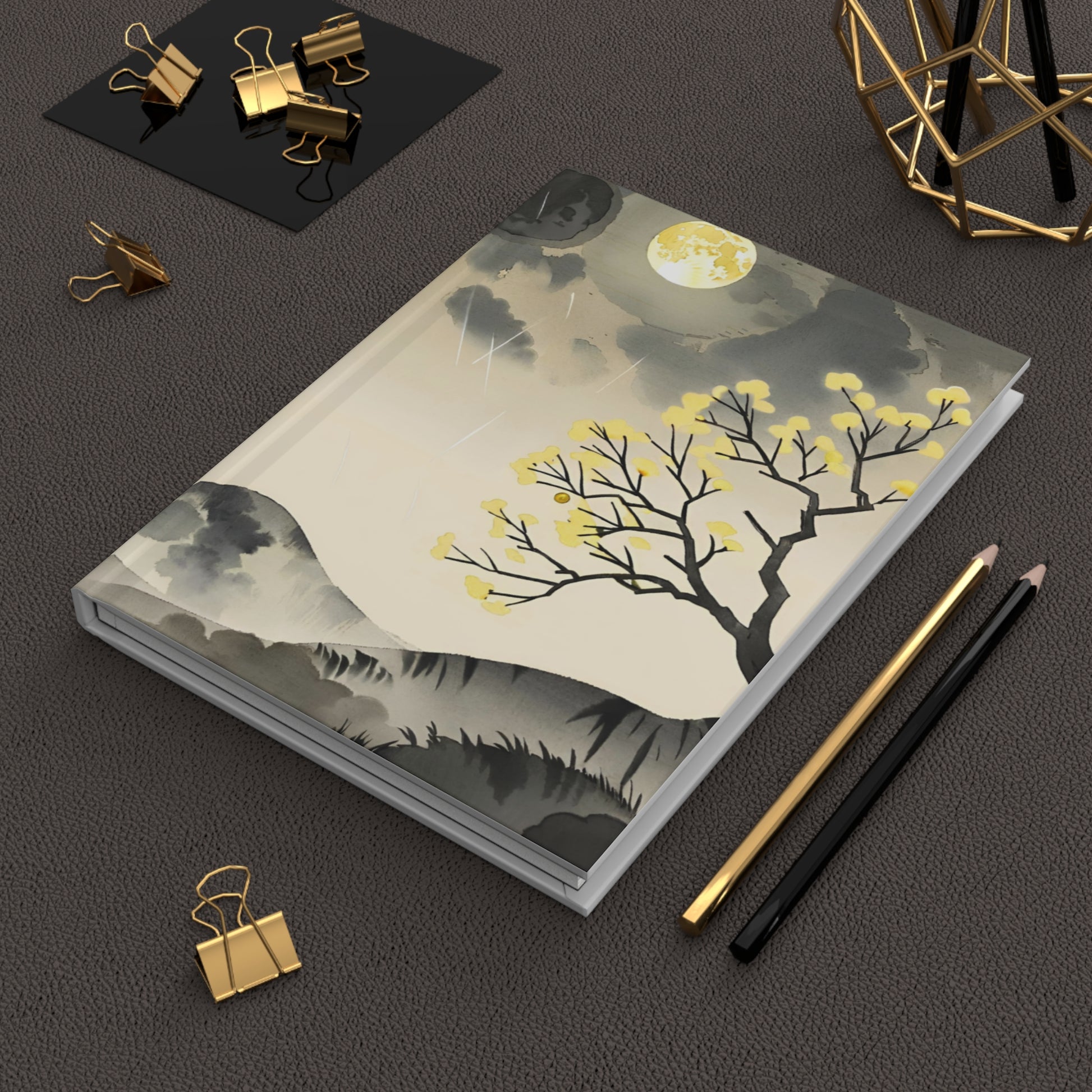 Moonlit Ink Landscape Watercolor Hardcover Notebook