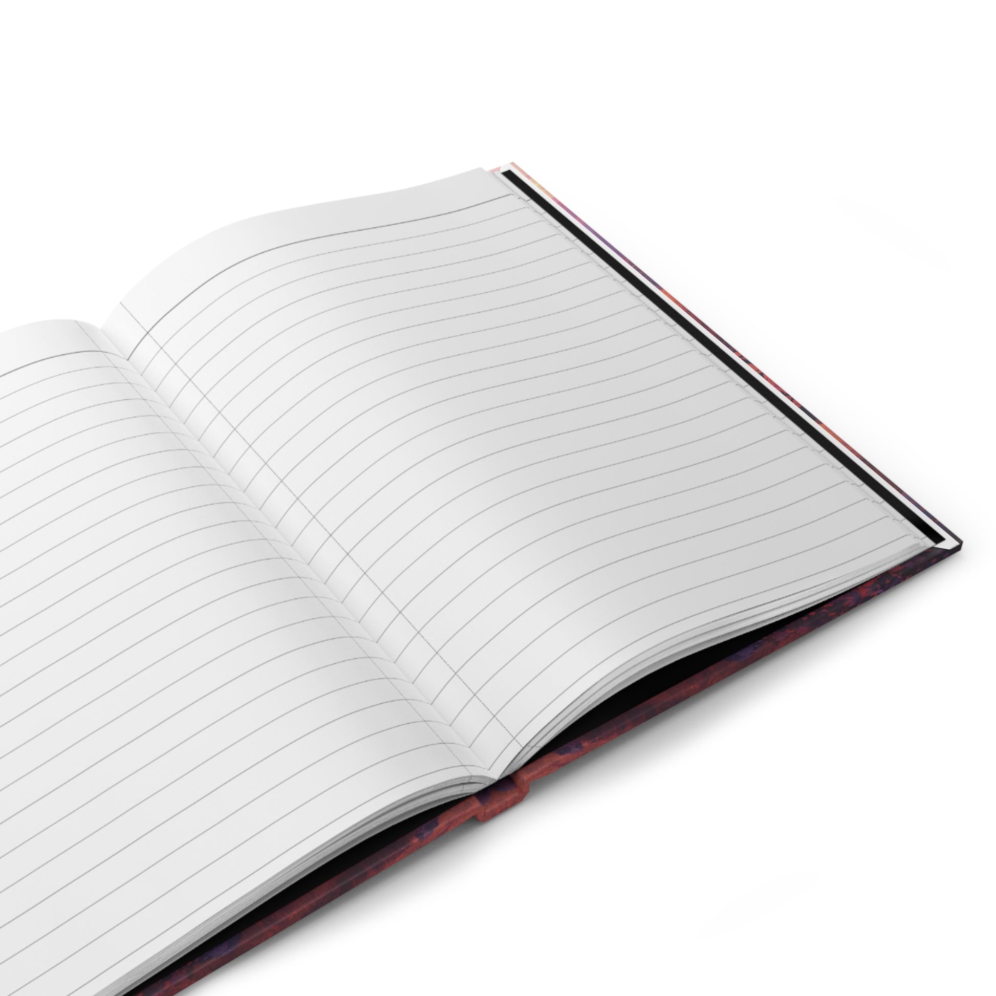 Open notebook with lined pages on a white background