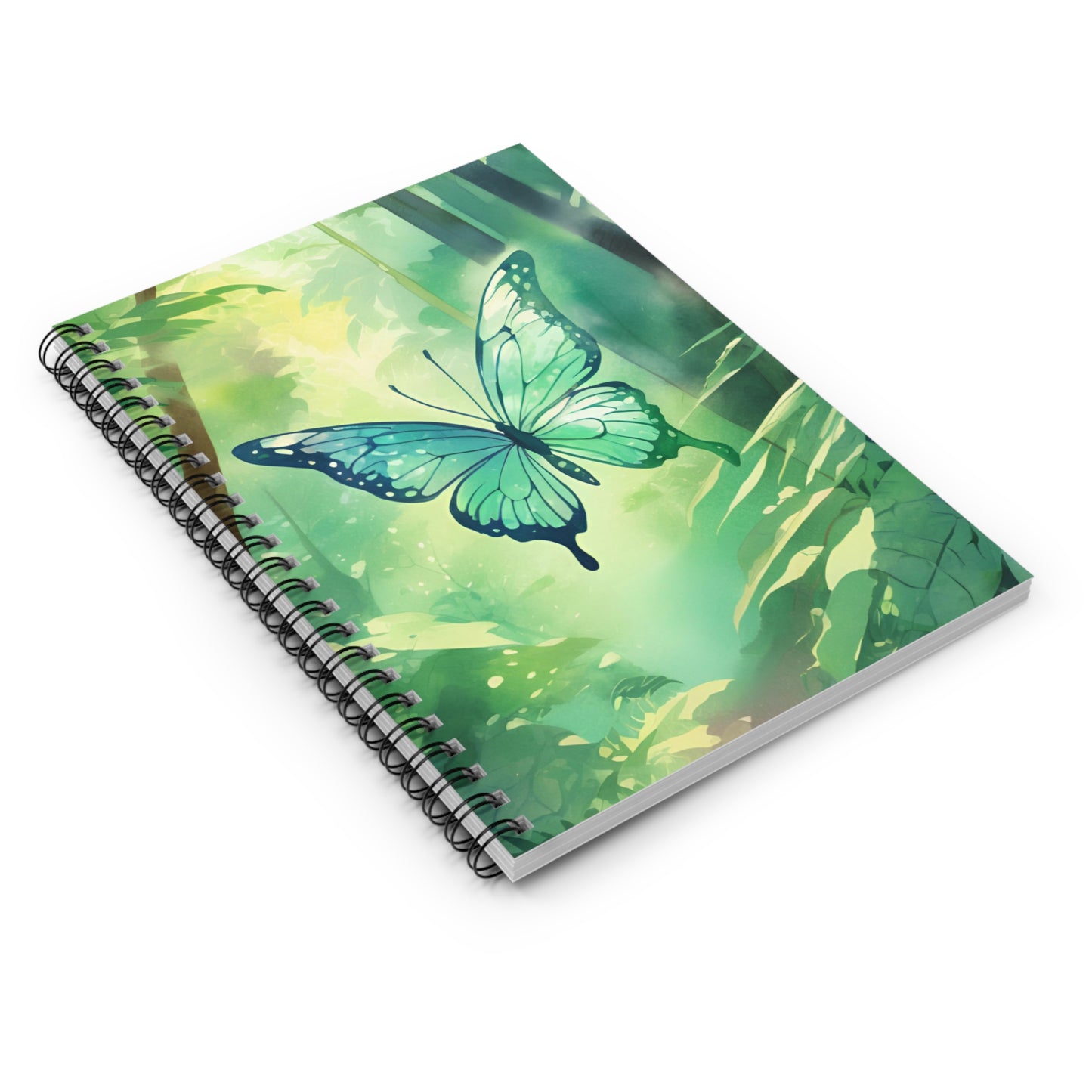 Spiral-bound notebook with a green butterfly design on a white background