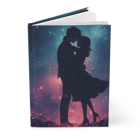 Notebook with a silhouette of a couple embracing against a starry sky design.