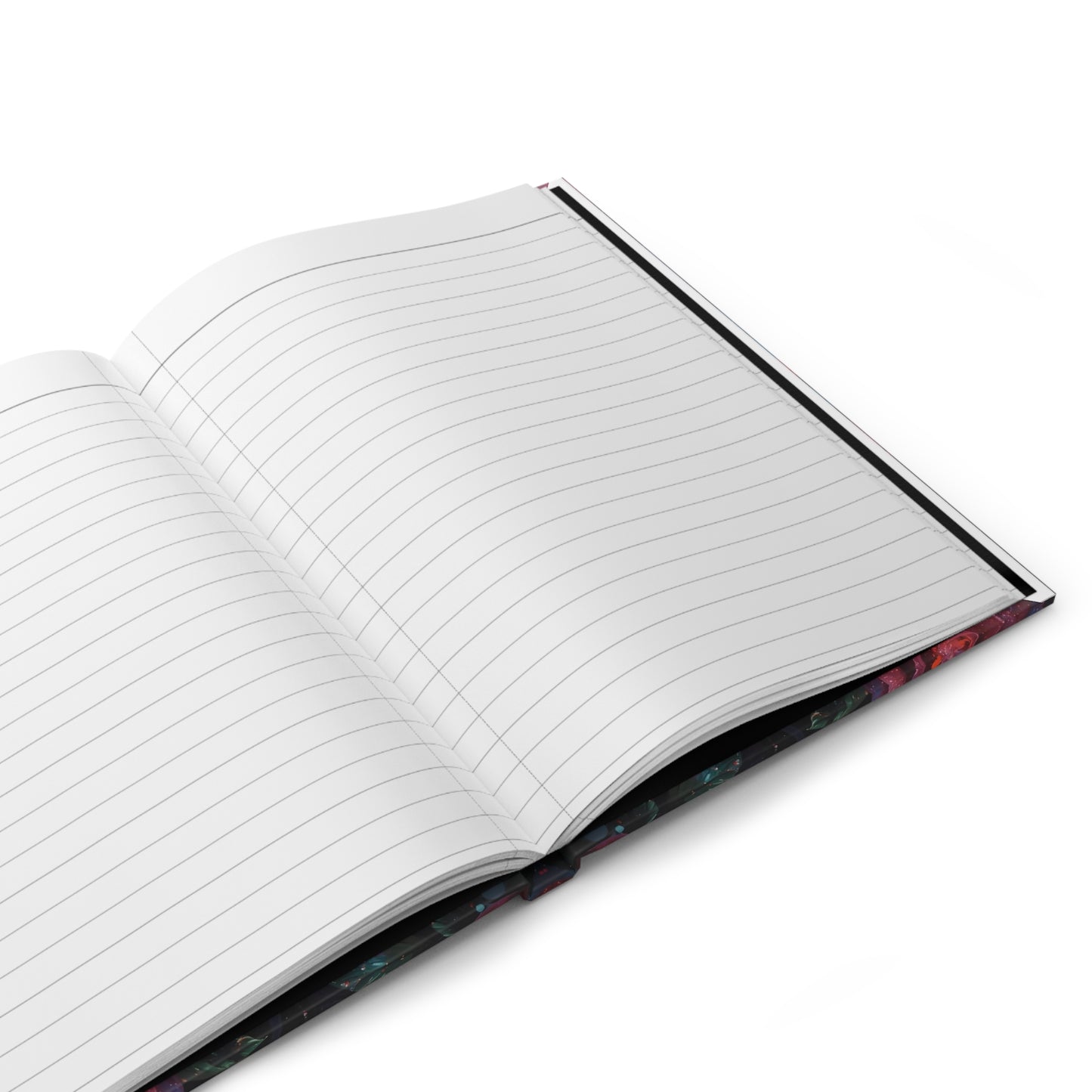Open notebook with lined pages on a white background