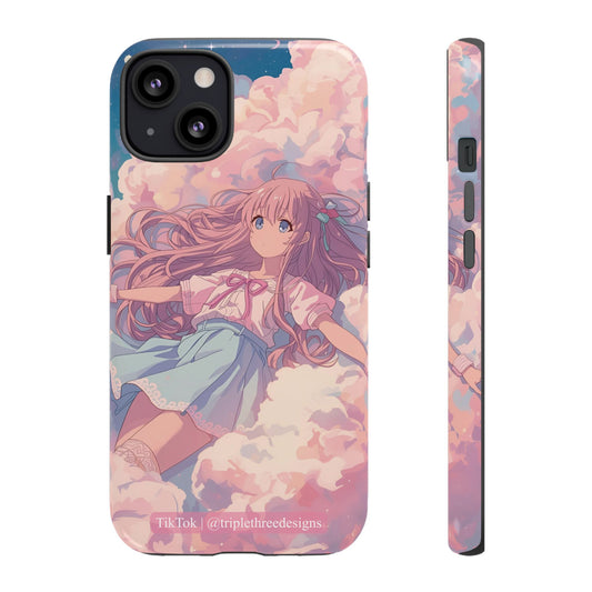 Phone case with anime-style design of a girl in a cloud-themed background