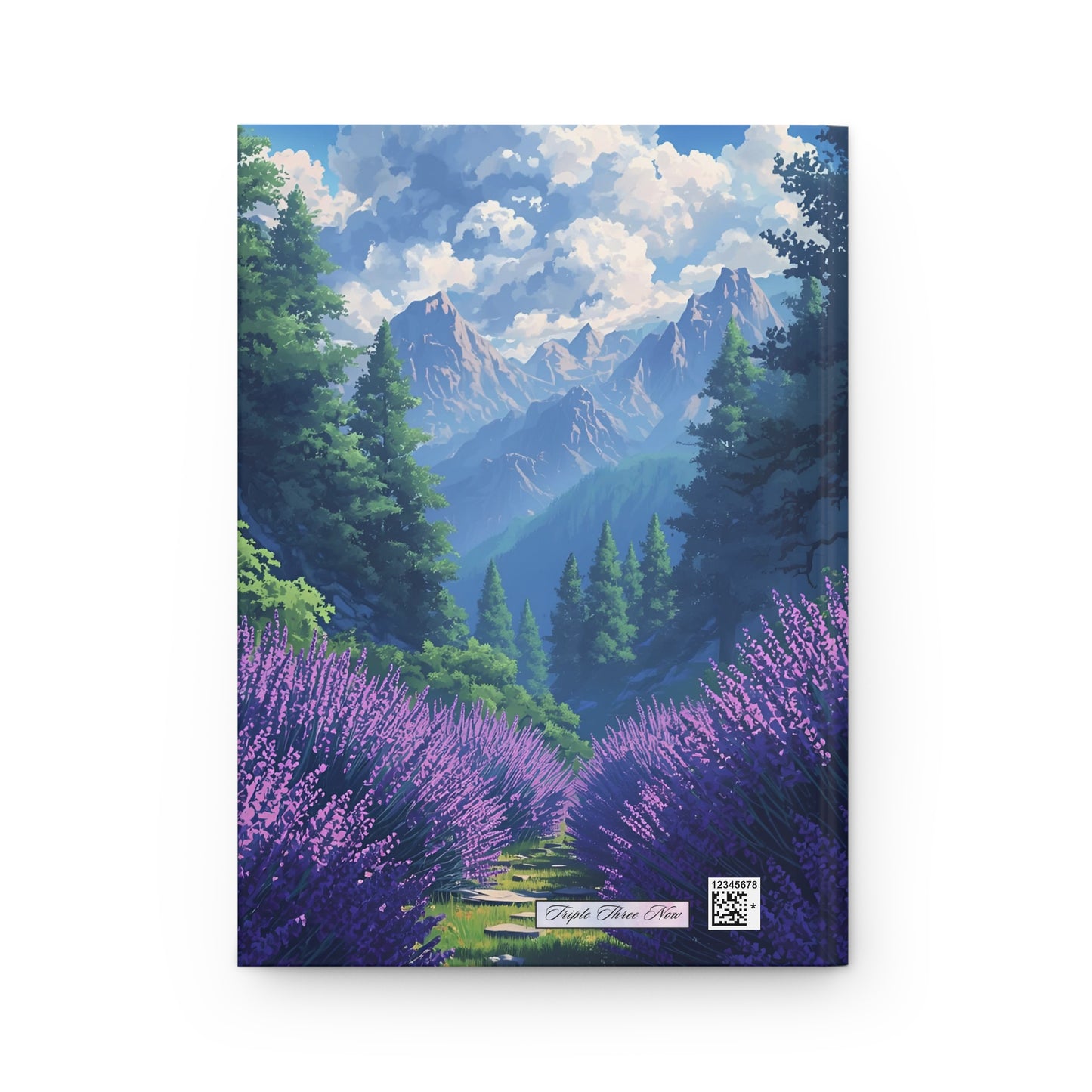 Notebook cover with a scenic design of lavender fields and mountains.