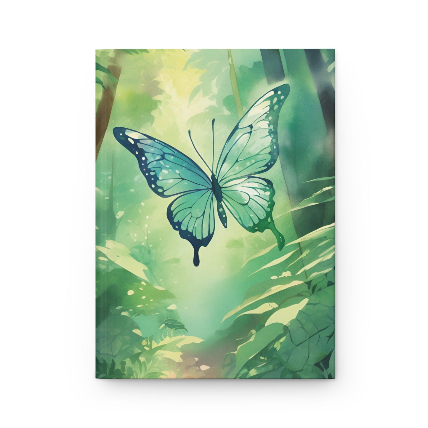 Notebook with a green butterfly design on a leafy background