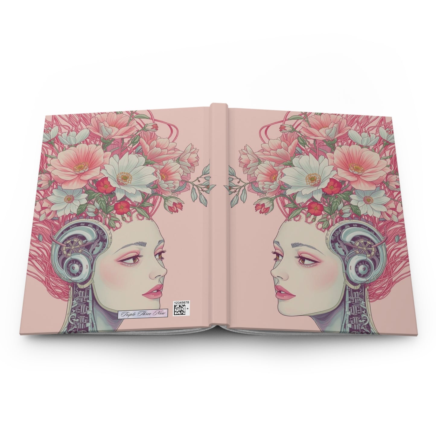 Open book with illustrations of a woman's face with floral headpiece on pink background