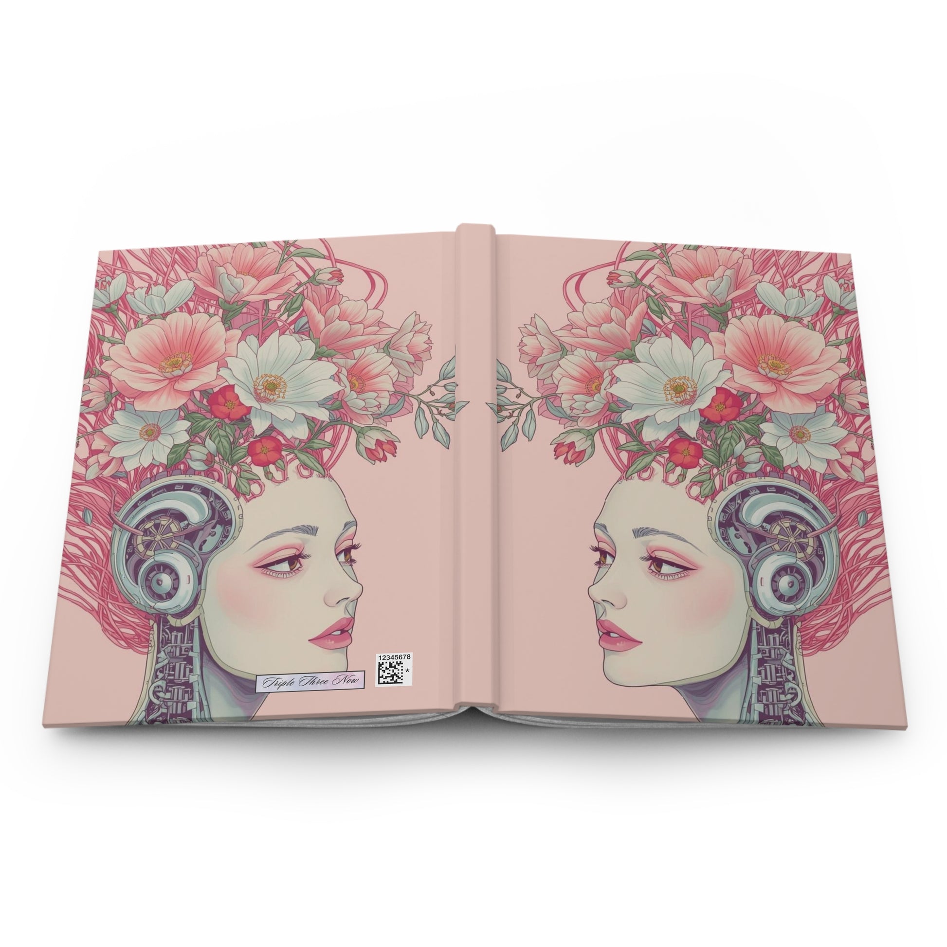 Open book with illustrations of a woman's face with floral headpiece on pink background