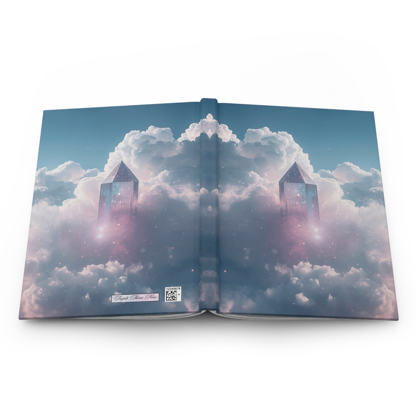 Open book showing a fantasy landscape with clouds and towers.