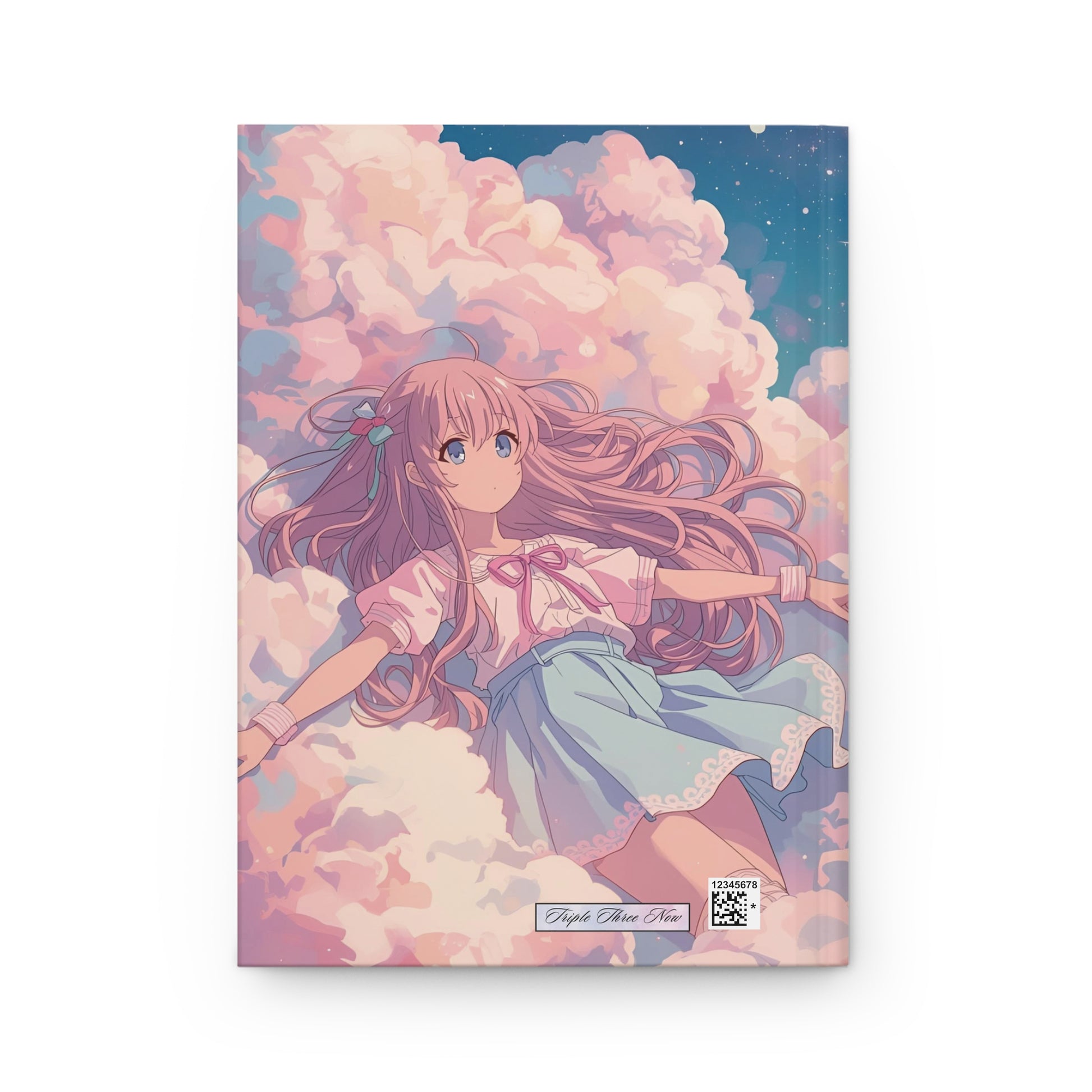 Notebook cover with an illustration of a girl with long hair in a cloud-themed design