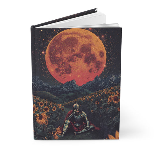 Notebook with a fantasy design featuring a warrior and a large moon on the cover