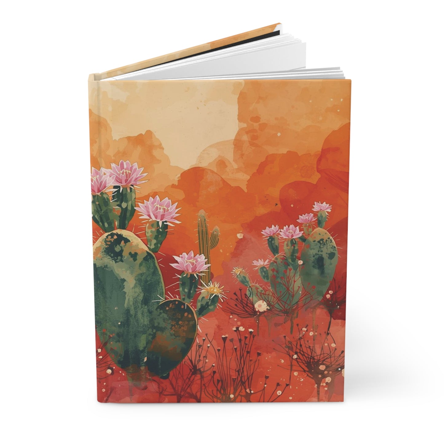 Notebook with a cactus and flower design on an orange and red background
