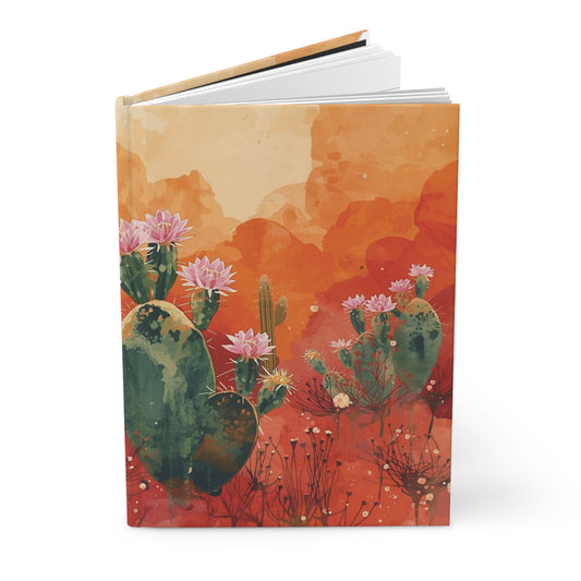 Notebook with a cactus and flower design on an orange and red background