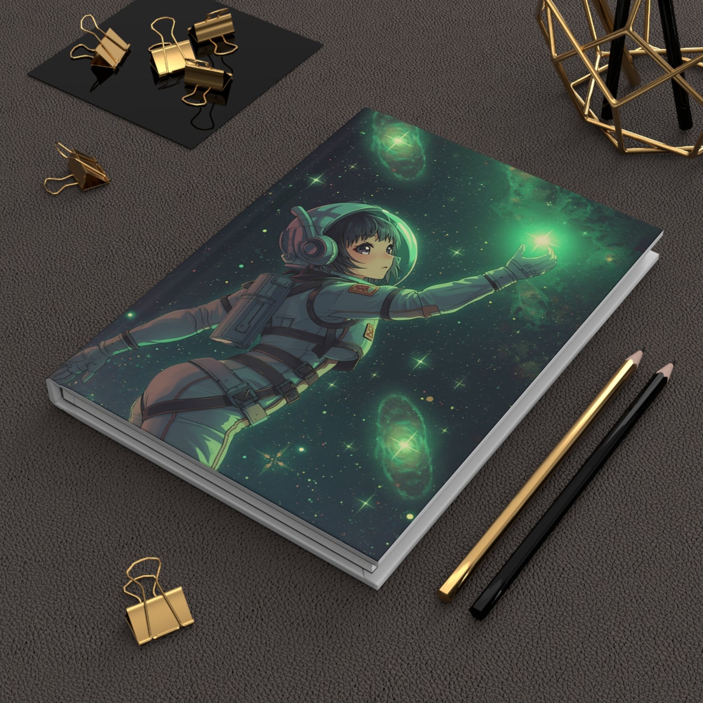 Green Cosmic Anime Girl Space Hardcover Notebook 