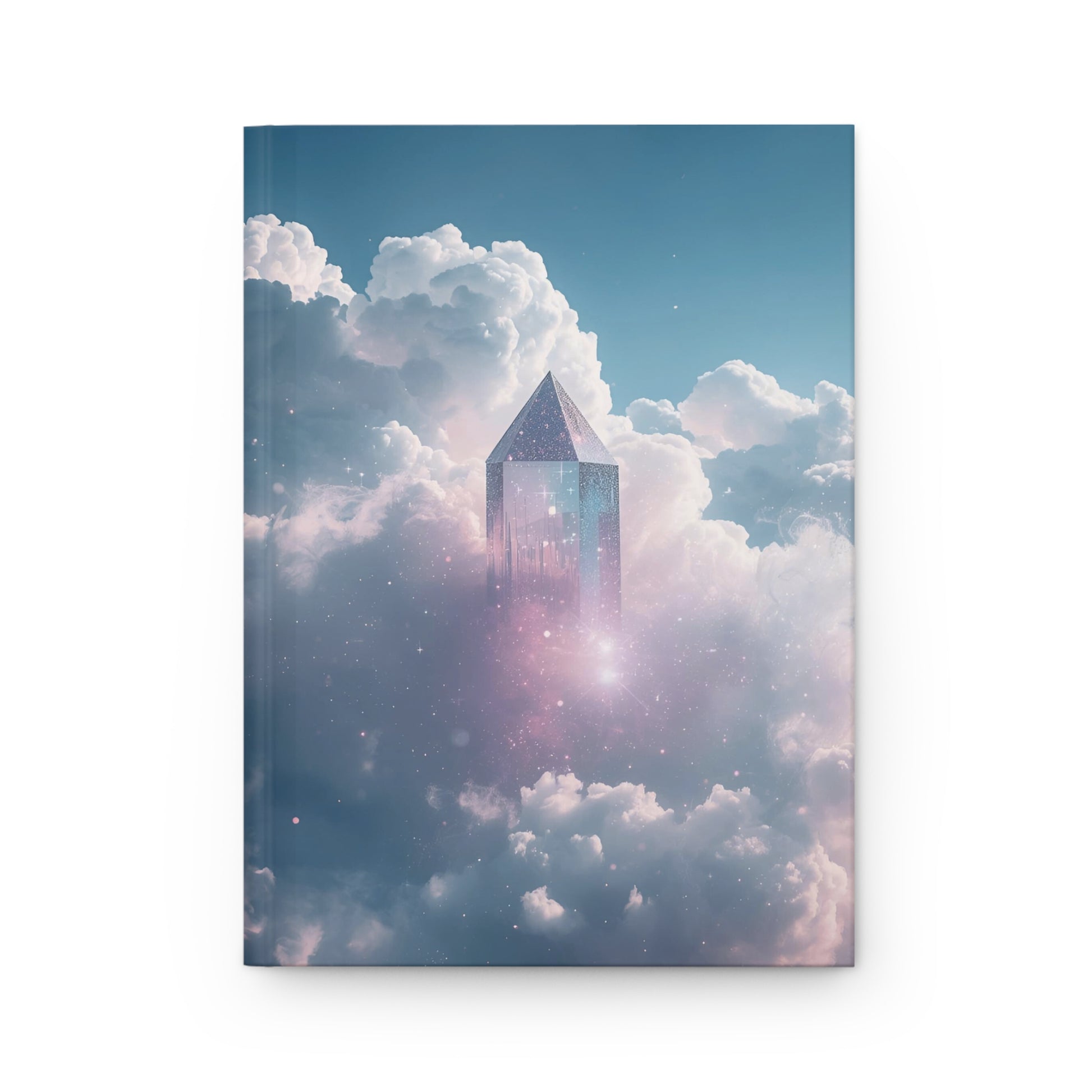 Futuristic tower emerging from clouds on a white background