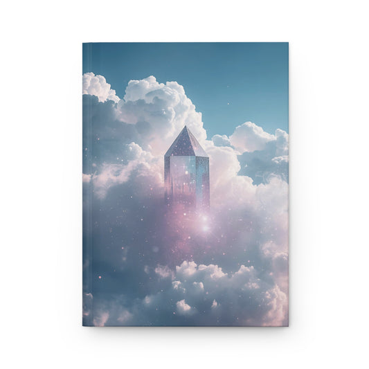 Futuristic tower emerging from clouds on a white background