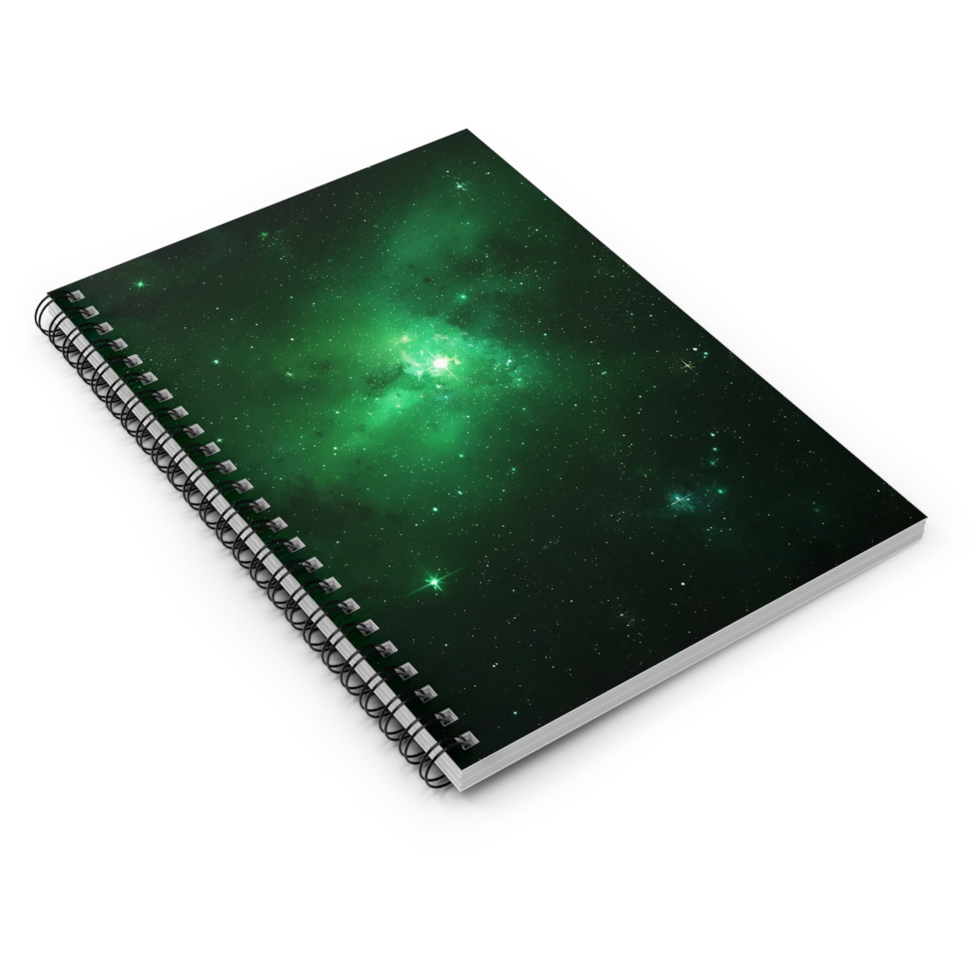 Spiral-bound notebook with a green galaxy design on a white background