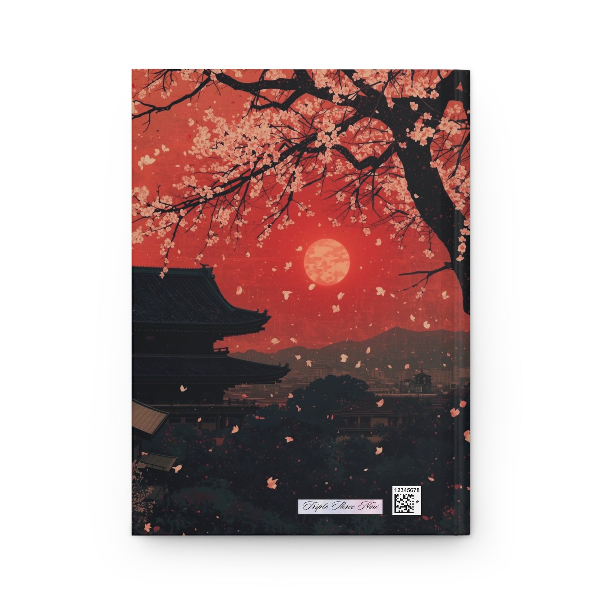 Notebook cover with cherry blossom tree and sunset design on a white background