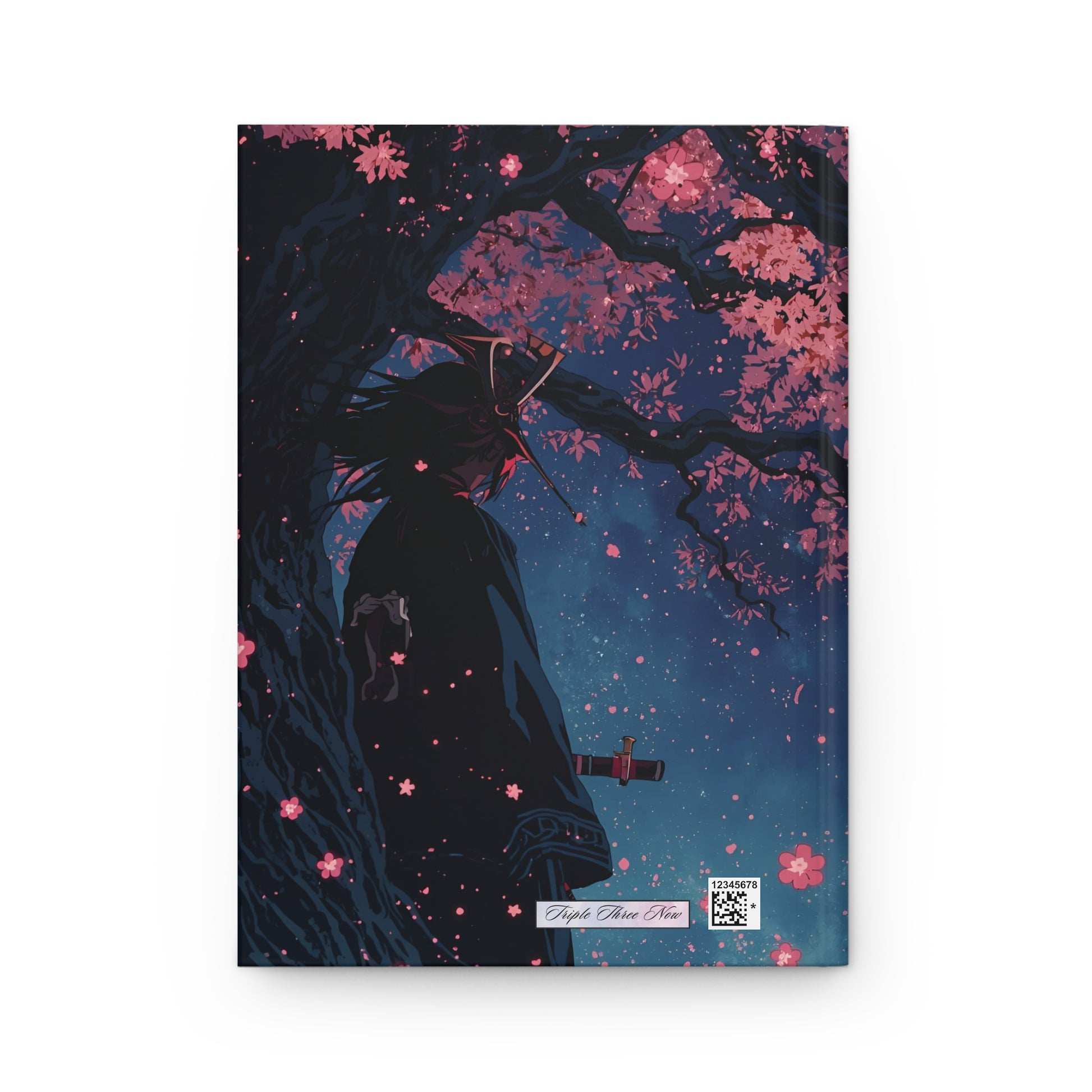 Notebook cover with a silhouette of a person under cherry blossom trees on a dark blue background.