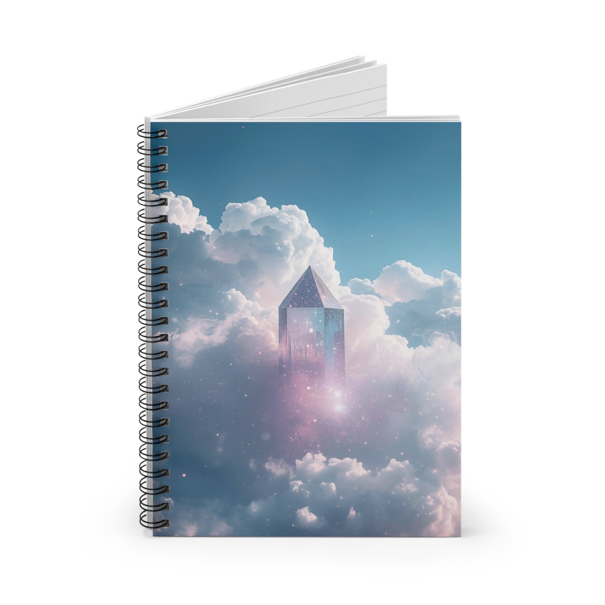Notebook with a design of a tower in the clouds on a white background