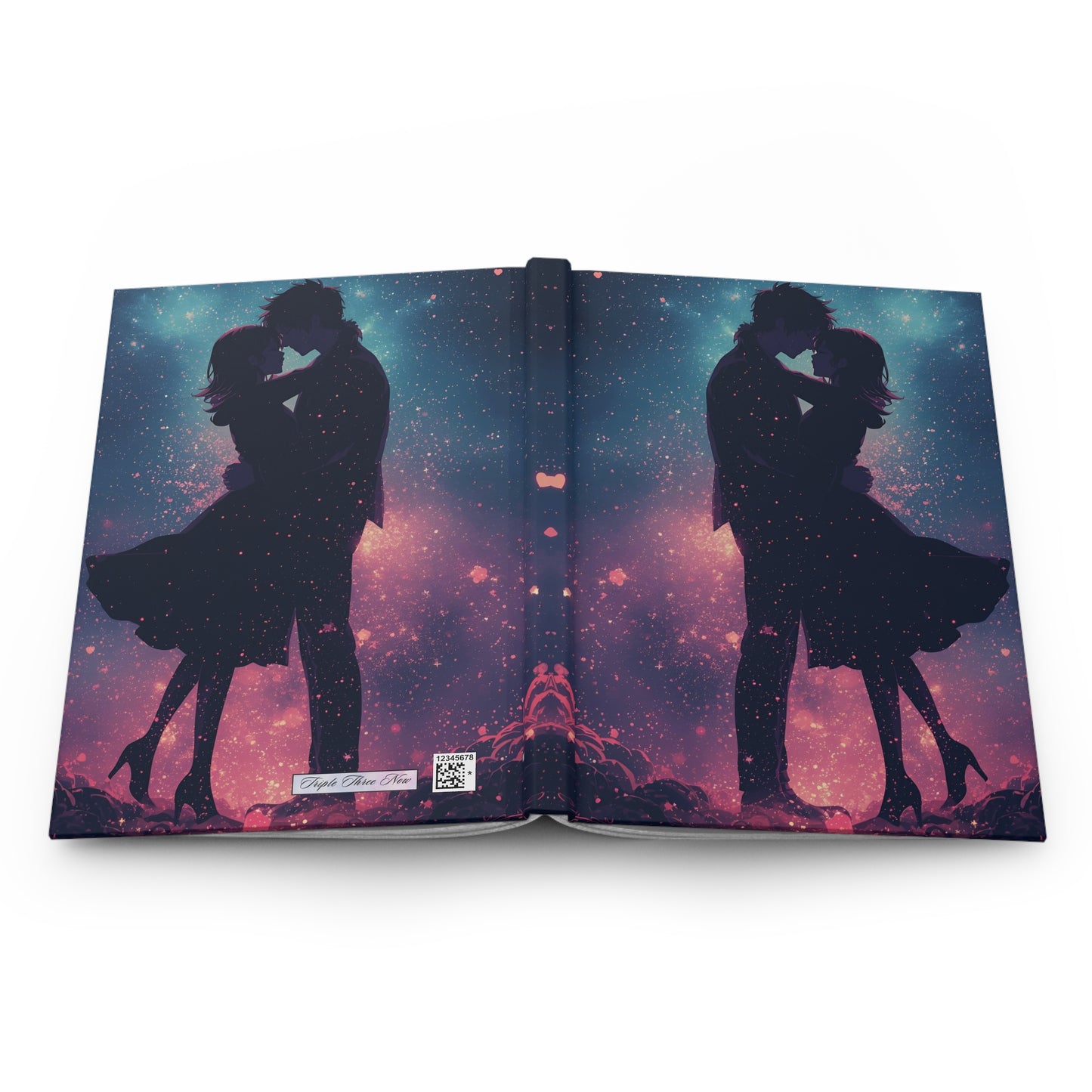 Open book with a silhouette of a couple embracing against a starry sky.