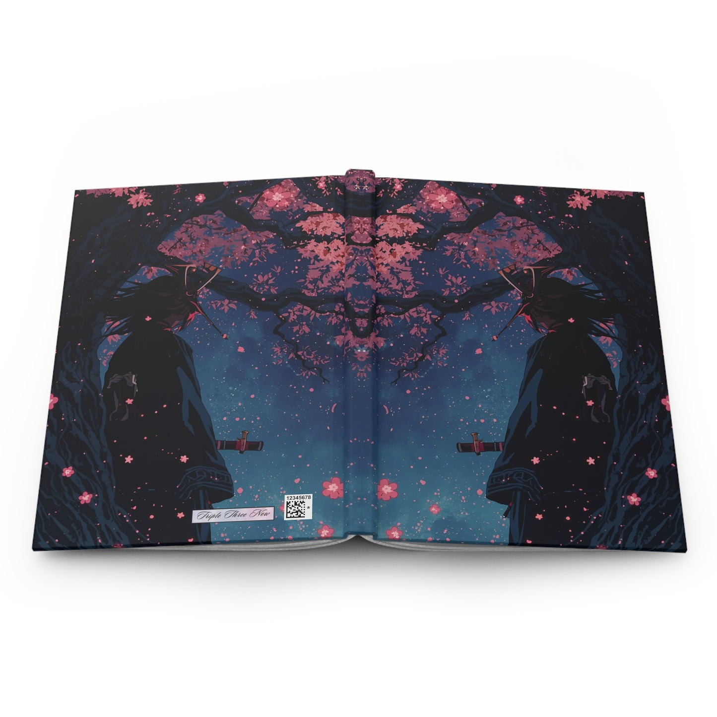 Open book with a dark, artistic design featuring silhouettes and pink floral patterns on a white background.