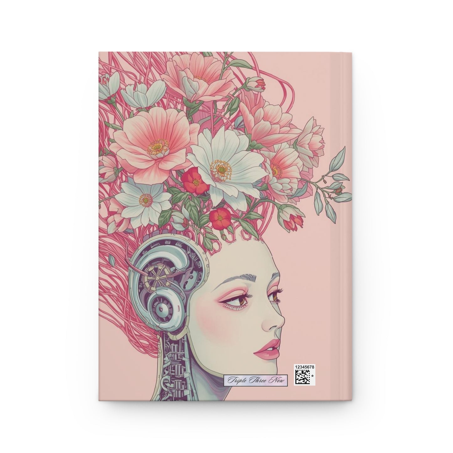 Notebook cover with a stylized illustration of a woman's face with flowers and a futuristic headpiece on a pink background.