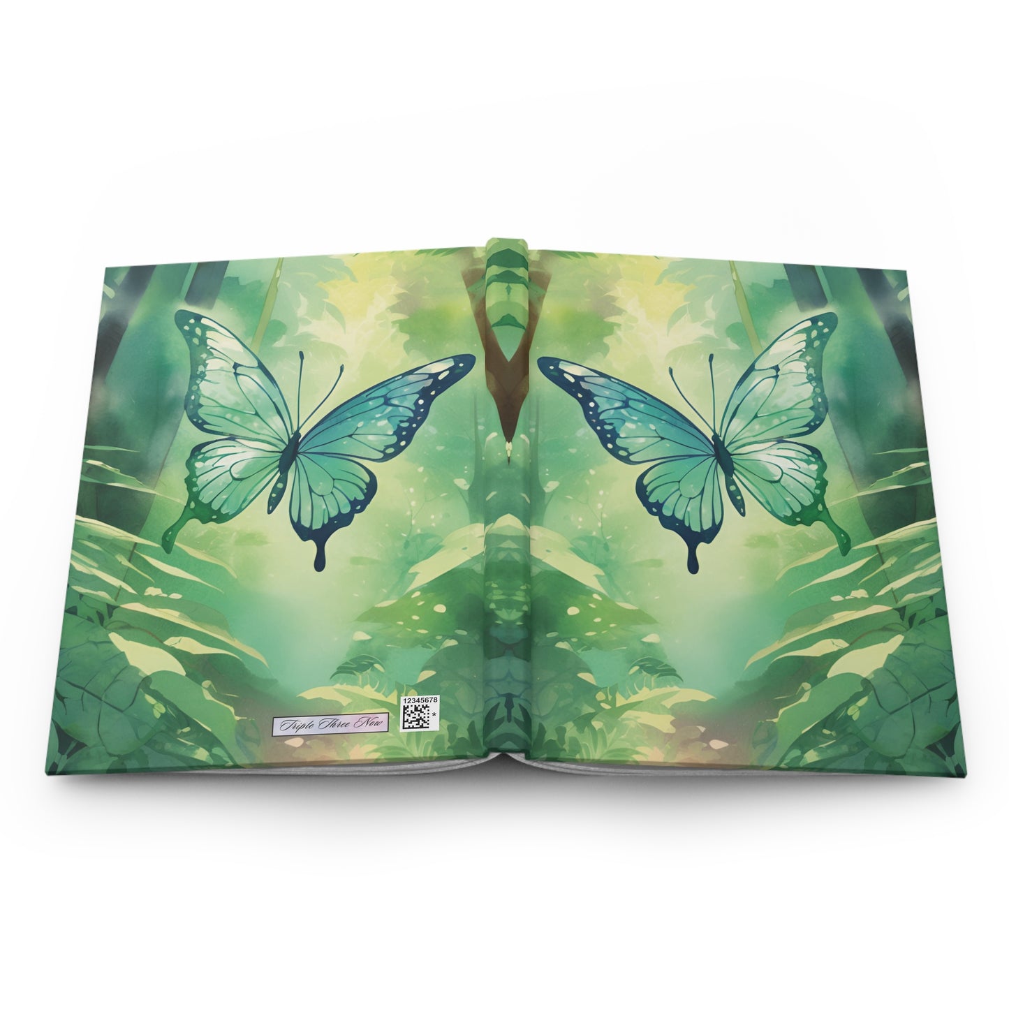 Open book with green butterfly design on a white background