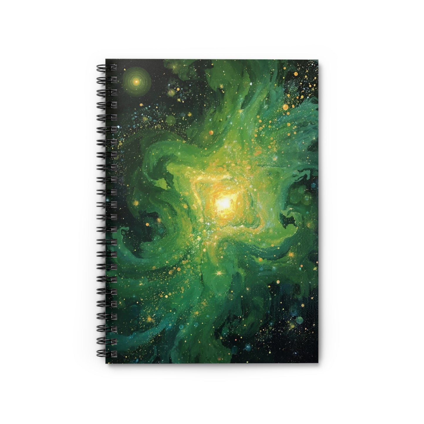 Spiral-bound notebook with a green galaxy design on a white background