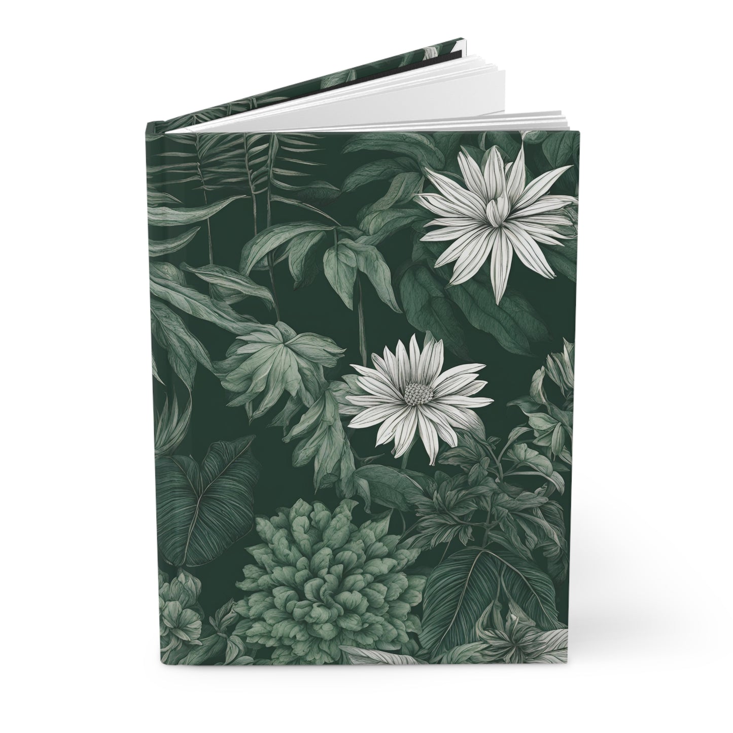 Notebook with a floral and leaf pattern on a dark green background