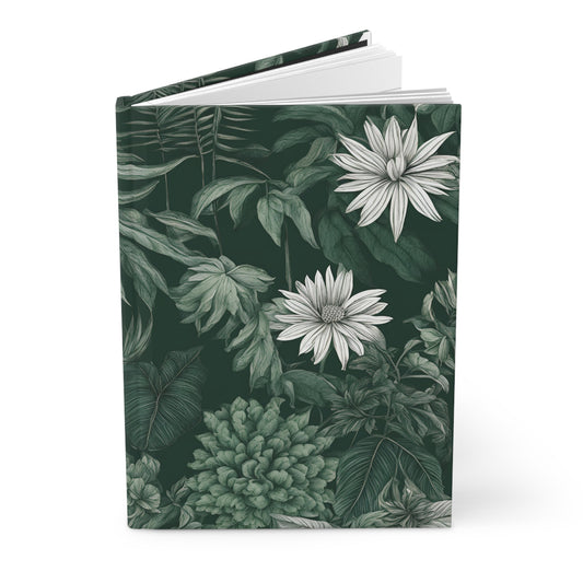 Notebook with a floral and leaf pattern on a dark green background